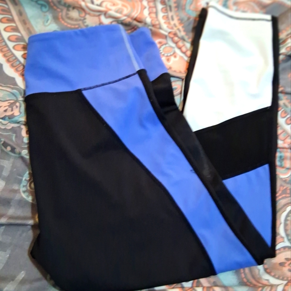 Zyia Womens Size 12 Large Colorblock Leggings in Blue, White,  and Black